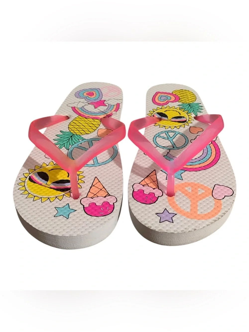 The Children's Place Pink Strap Flip Flops with Sun & Pineapple Print Girl 12/13